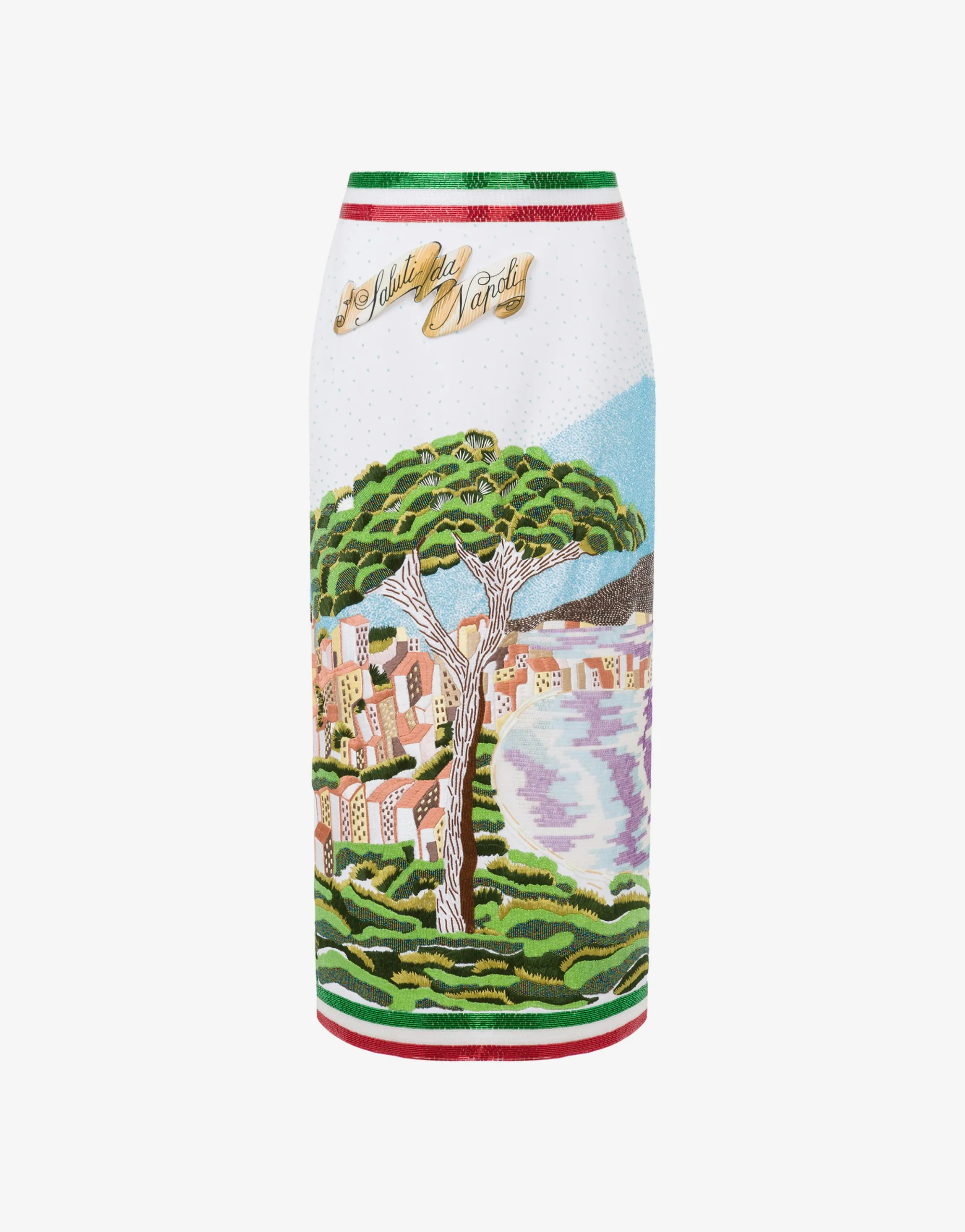 Crepe Skirt with ""Greetings from Naples"" Embroidery